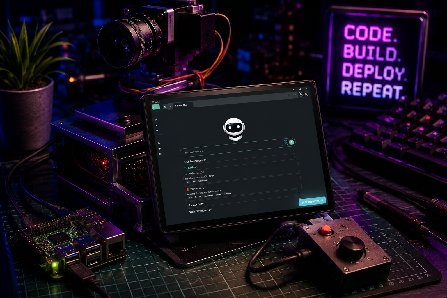 Cyréna on a touchscreen wired into a Pi-controlled robotics rig